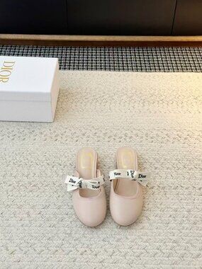 🌸Dior Pink Logo Bow Mules Block Heel Slip‑On Pumps